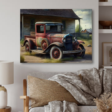 30s American Car At The Barn - Car Old American Canvas Wall Art